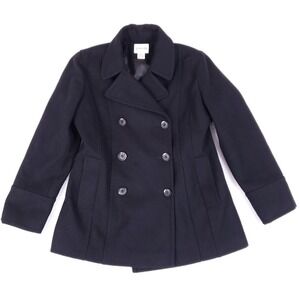 St. John's Bay Pea Coat 8P Double Breasted Black Wool Blend Petite Outerwear